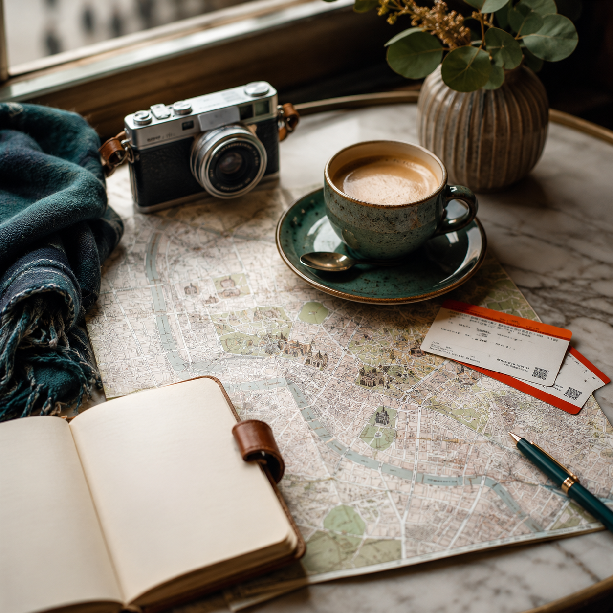 A compact domestic city break plan with map, train ticket and local coffee