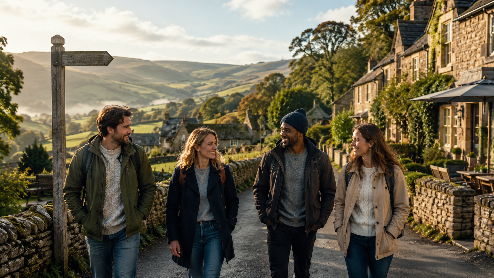 A curated England countryside itinerary with travellers near a historic village