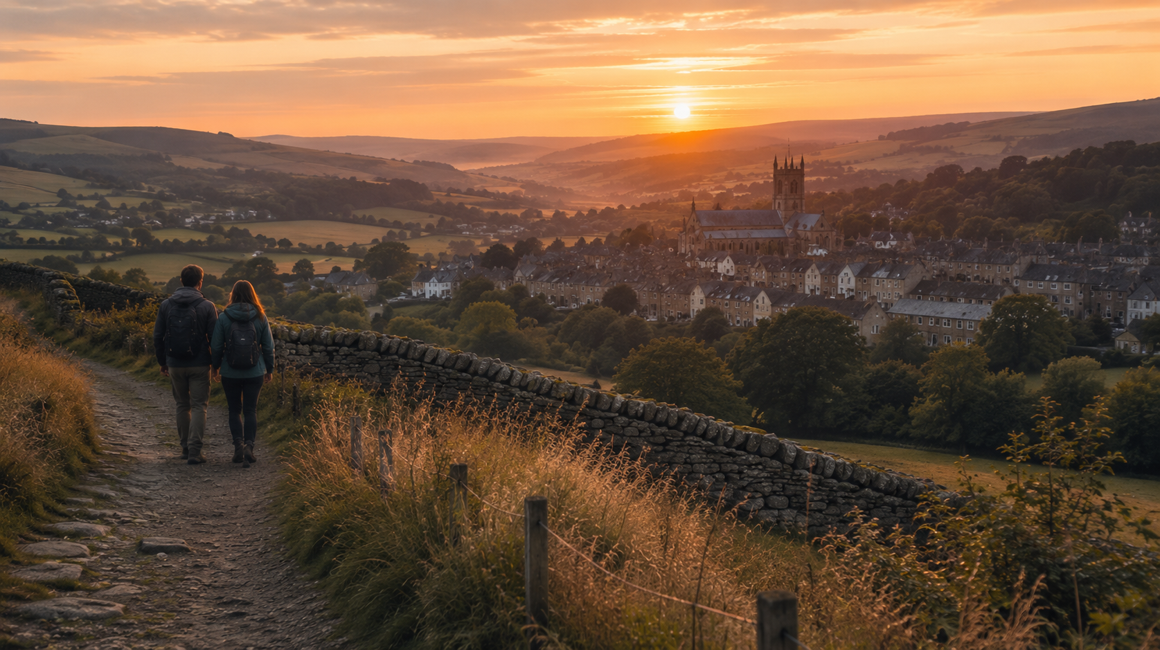 Slow travel in England with rolling hills, footpath signs and golden evening light