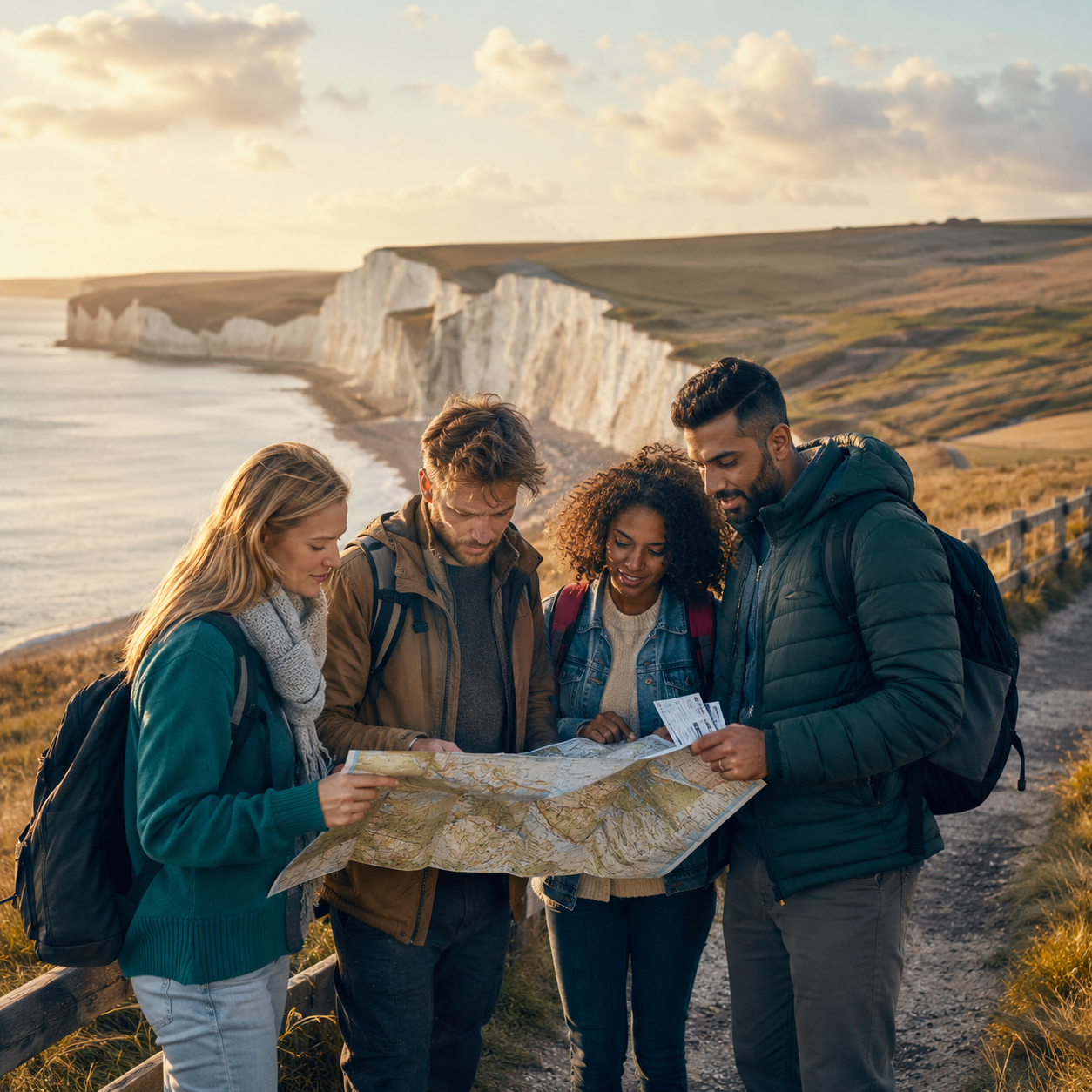 Travellers exploring a scenic route through England with coast, countryside and heritage landmarks